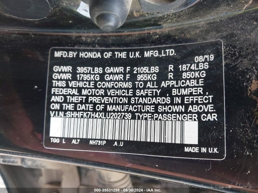 2020 Honda Civic Sport VIN: SHHFK7H4XLU202739 Lot: 39531258