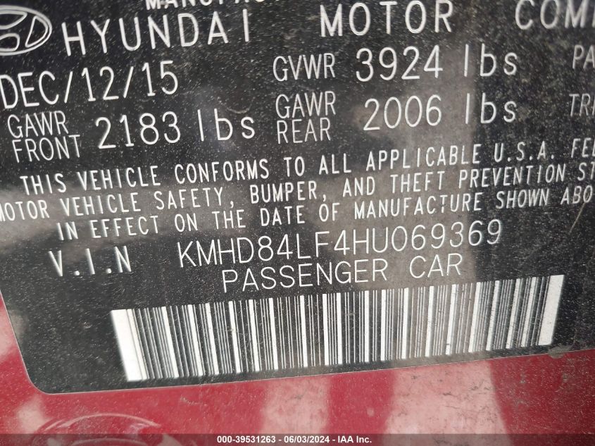 KMHD84LF4HU069369 2017 Hyundai Elantra Se