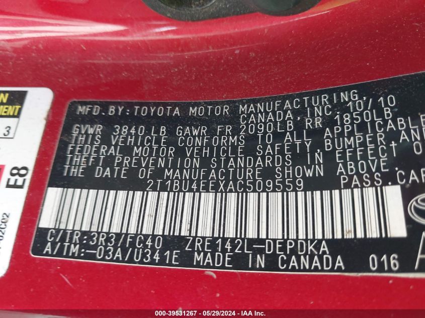 2010 Toyota Corolla Le VIN: 2T1BU4EEXAC509559 Lot: 39531267