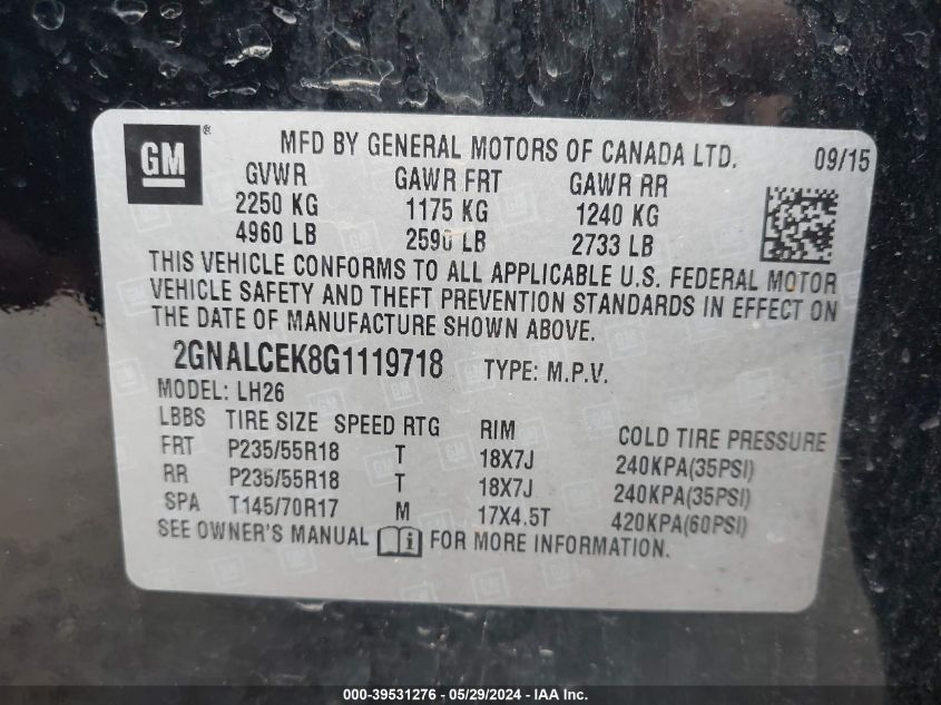 2016 Chevrolet Equinox Lt VIN: 2GNALCEK8G1119718 Lot: 39531276