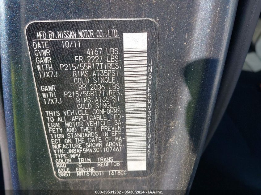 2012 Nissan Juke Sv VIN: JN8AF5MV3CT107461 Lot: 39531282