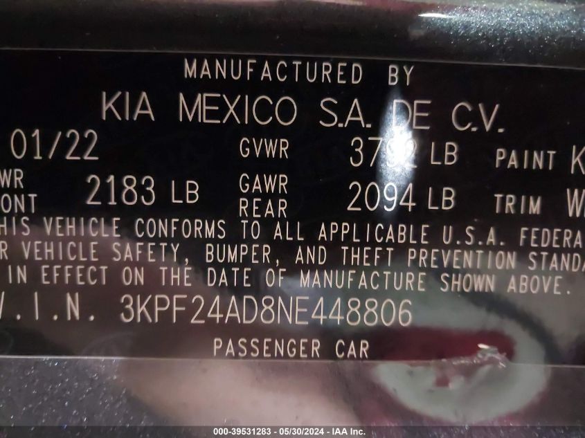 2022 Kia Forte Lxs VIN: 3KPF24AD8NE448806 Lot: 39531283