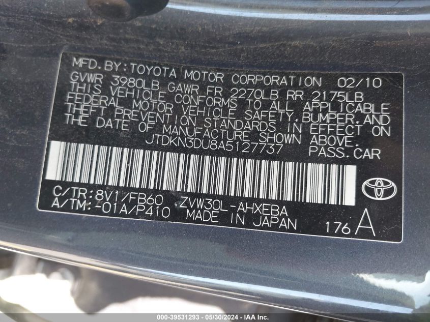 2010 Toyota Prius Iii VIN: JTDKN3DU8A5127737 Lot: 39531293