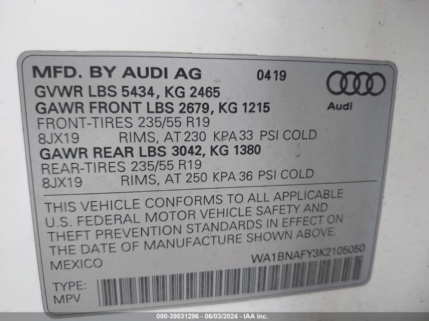 2019 Audi Q5 45 Premium VIN: WA1BNAFY3K2105050 Lot: 39531296