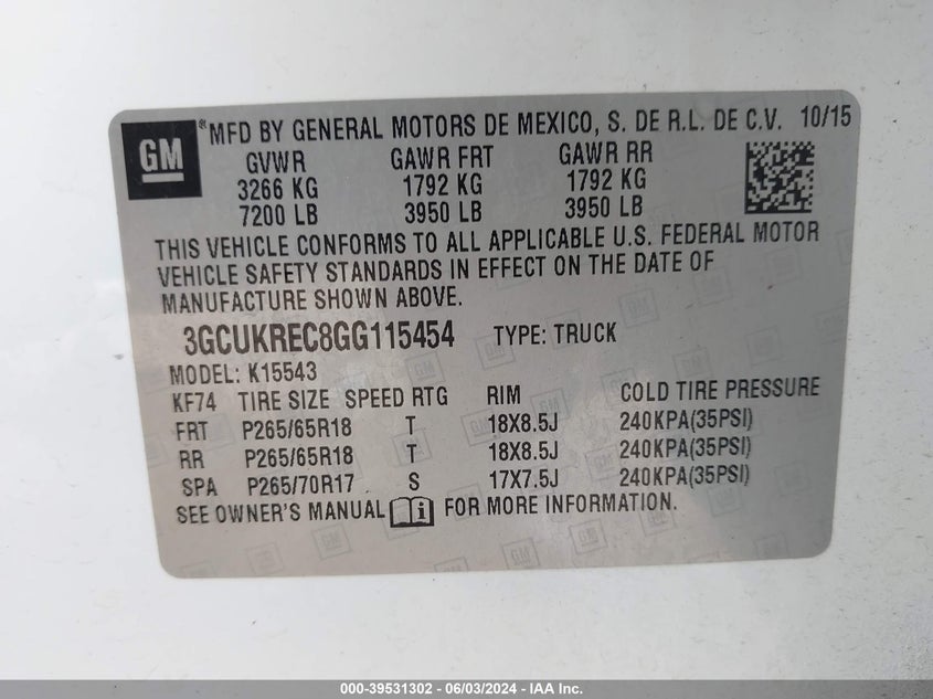 2016 Chevrolet Silverado 1500 1Lt VIN: 3GCUKREC8GG115454 Lot: 39531302