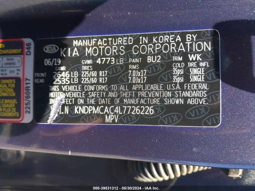 2020 Kia Sportage Lx VIN: KNDPMCAC4L7726226 Lot: 39531312