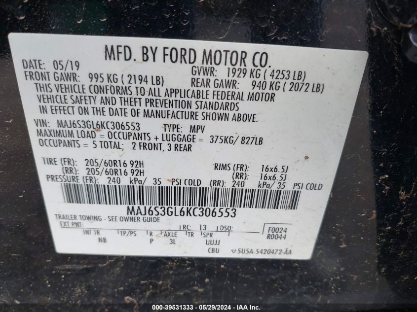 2019 Ford Ecosport Se VIN: MAJ6S3GL6KC306553 Lot: 39531333