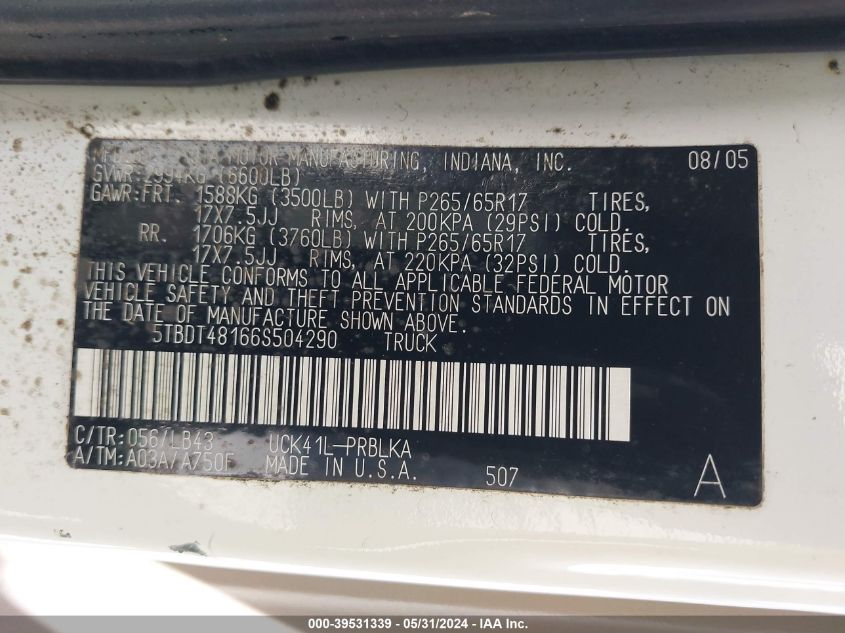 2006 Toyota Tundra Limited V8 VIN: 5TBDT48166S504290 Lot: 39531339