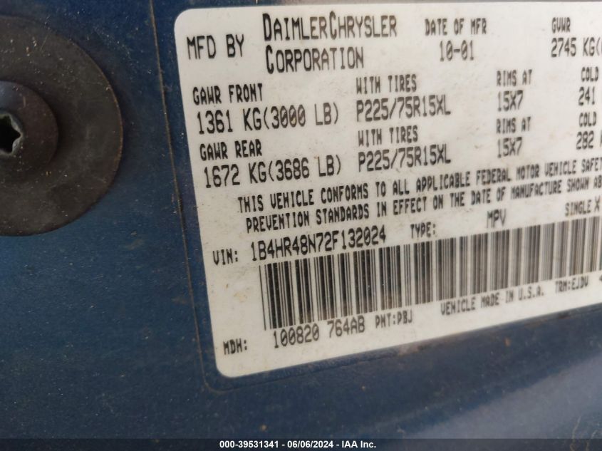 2002 Dodge Durango Slt VIN: 1B4HR48N72F132024 Lot: 39531341