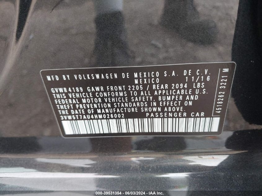 2017 VOLKSWAGEN GOLF GTI AUTOBAHN 4-DOOR/S 4-DOOR/SE 4-DOOR/SPORT 4-DOOR - 3VW5T7AU4HM026002