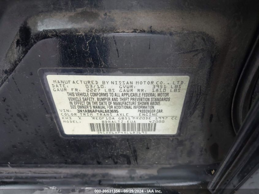 2010 Nissan Sentra 2.0Sr VIN: 3N1AB6AP4AL683695 Lot: 39531356