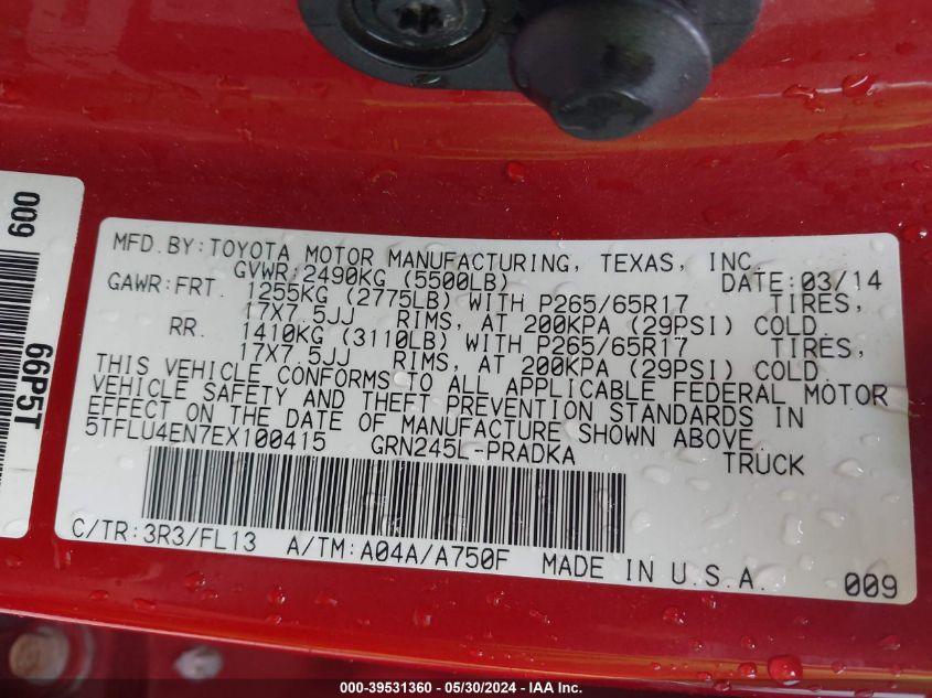 2014 Toyota Tacoma Base V6 VIN: 5TFLU4EN7EX100415 Lot: 39531360