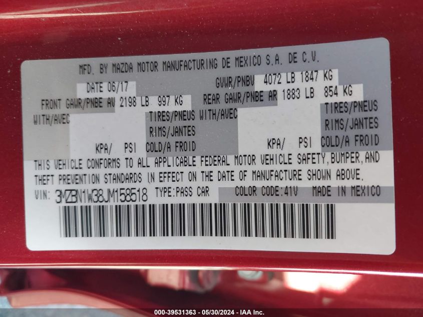 2018 Mazda Mazda3 Grand Touring VIN: 3MZBN1W38JM158518 Lot: 39531363