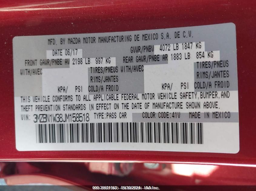 2018 Mazda Mazda3 Grand Touring VIN: 3MZBN1W38JM158518 Lot: 39531363