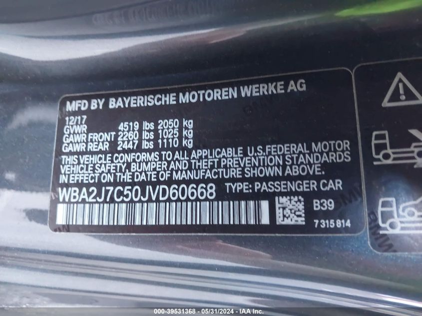 2018 BMW M240I xDrive VIN: WBA2J7C50JVD60668 Lot: 39531368