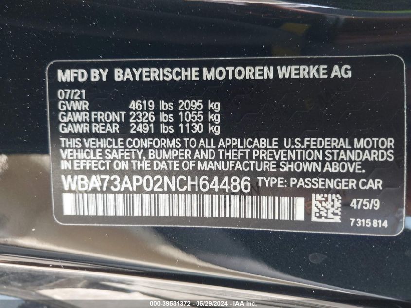 2022 BMW 430I xDrive VIN: WBA73AP02NCH64486 Lot: 39531372