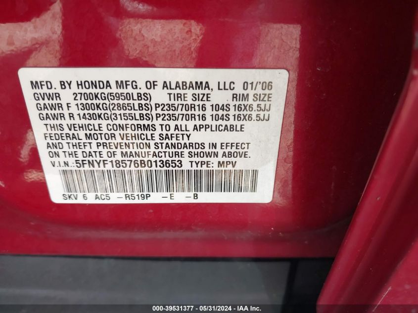 2006 Honda Pilot Ex-L VIN: 5FNYF18576B013653 Lot: 39531377