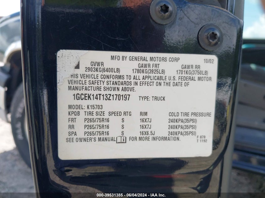 2003 Chevrolet Silverado 1500 Ls VIN: 1GCEK14T13Z170197 Lot: 39531385