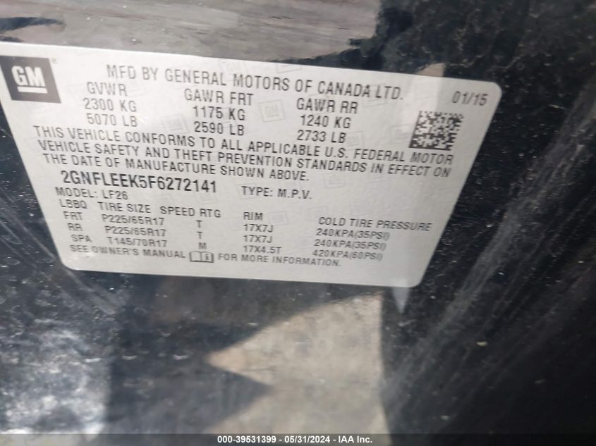 2015 Chevrolet Equinox Ls VIN: 2GNFLEEK5F6272141 Lot: 39531399