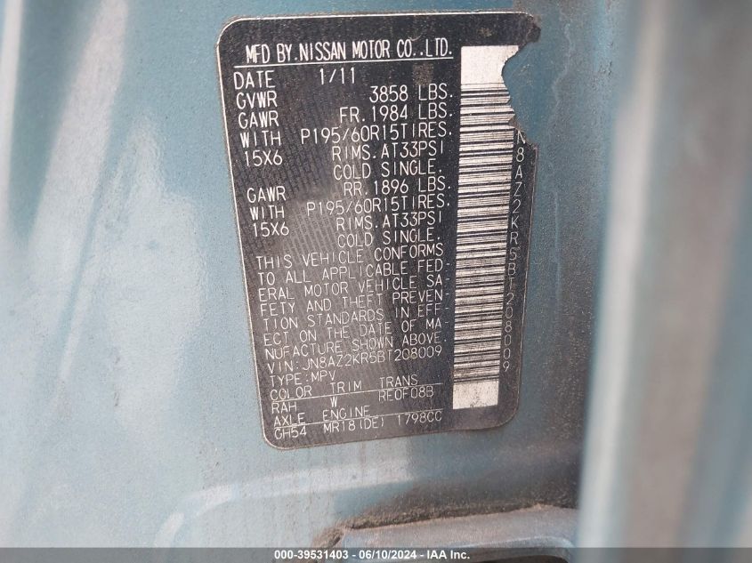 2011 Nissan Cube 1.8S VIN: JN8AZ2KR5BT208009 Lot: 39531403