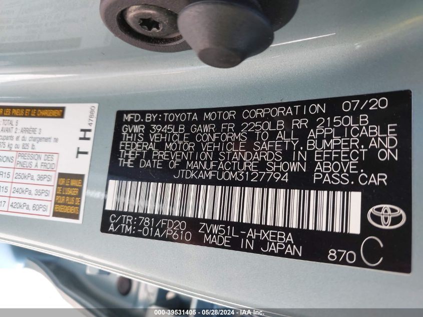 2021 Toyota Prius Le VIN: JTDKAMFU0M3127794 Lot: 39531405