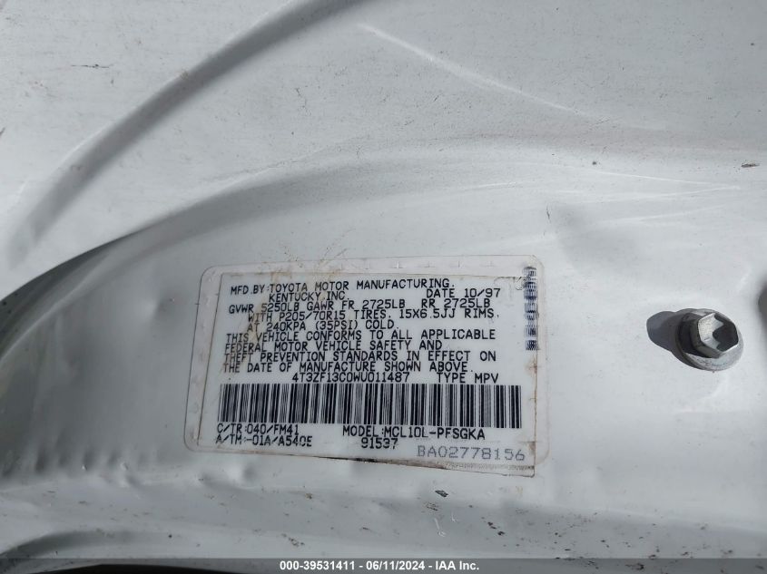 1998 Toyota Sienna Xle VIN: 4T3ZF13C0WU011487 Lot: 39531411