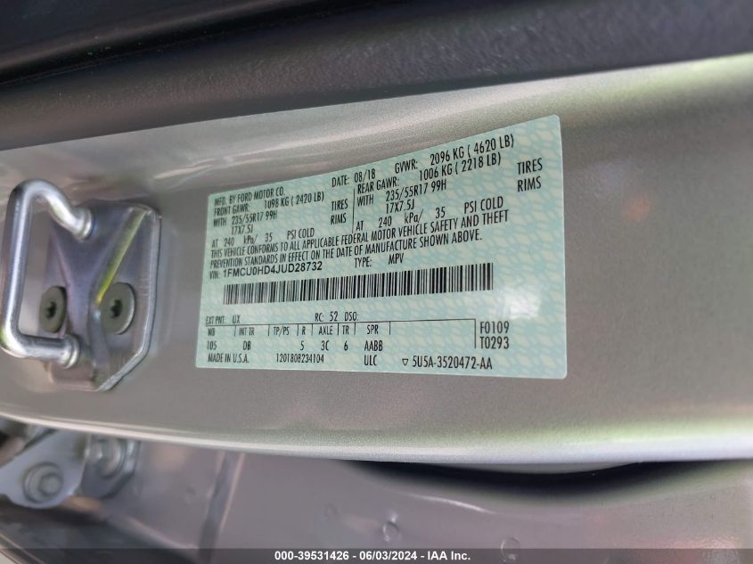 2018 Ford Escape Sel VIN: 1FMCU0HD4JUD28732 Lot: 39531426