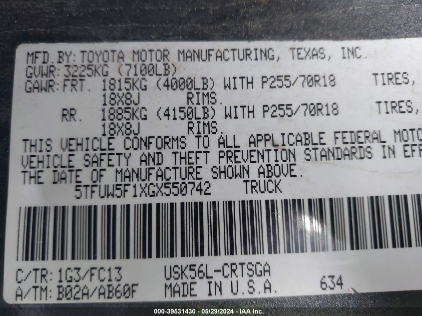 2016 Toyota Tundra Sr5 5.7L V8 VIN: 5TFUW5F1XGX550742 Lot: 39531430