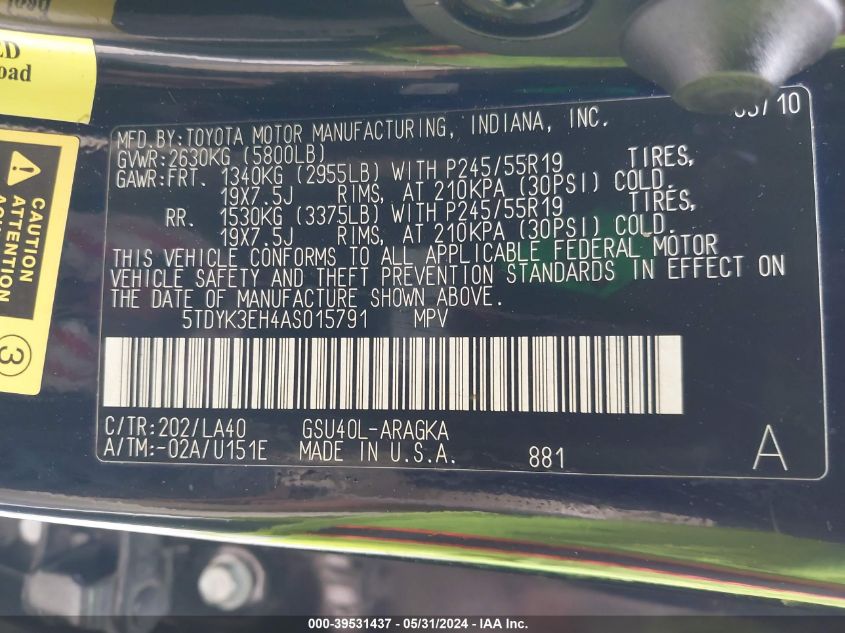 2010 Toyota Highlander Limited V6 VIN: 5TDYK3EH4AS015791 Lot: 39531437