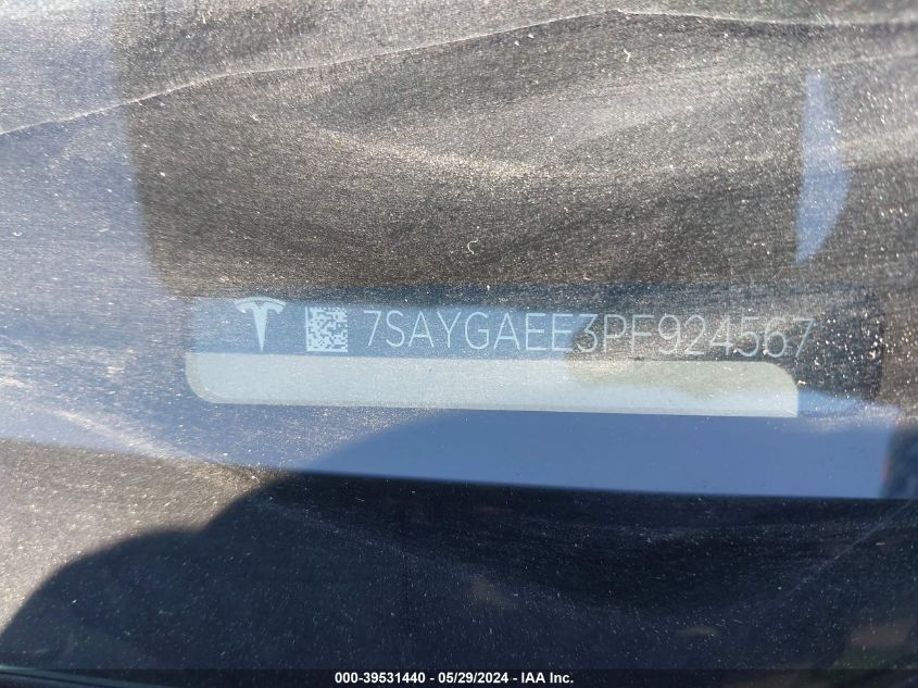 2023 Tesla Model Y Awd/Long Range Dual Motor All-Wheel Drive VIN: 7SAYGAEE3PF924567 Lot: 39531440