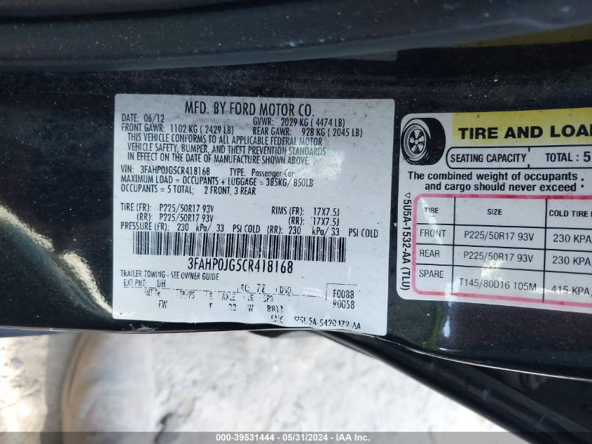 2012 Ford Fusion Sel VIN: 3FAHP0JG5CR418168 Lot: 39531444