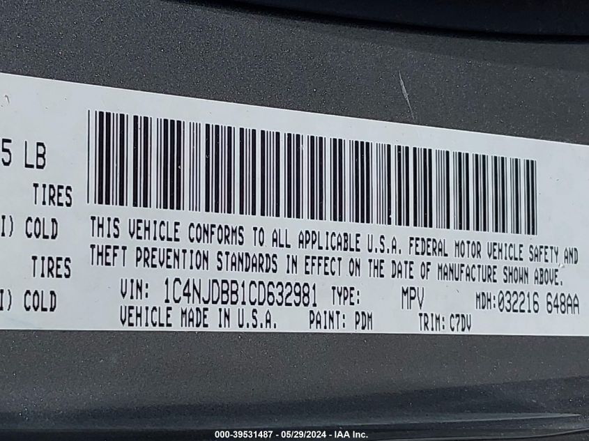 2012 Jeep Compass Sport VIN: 1C4NJDBB1CD632981 Lot: 39531487