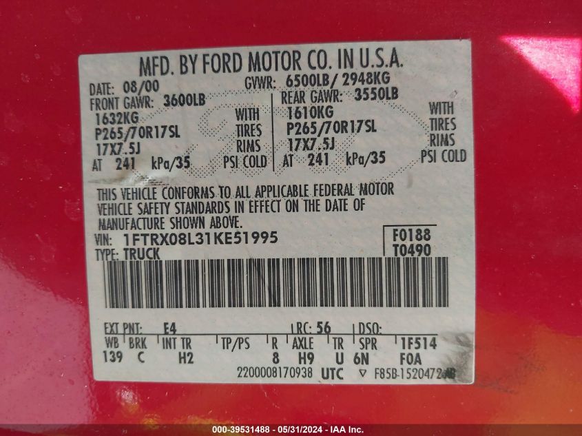 2001 Ford F-150 Lariat/Xl/Xlt VIN: 1FTRX08L31KE51995 Lot: 39531488