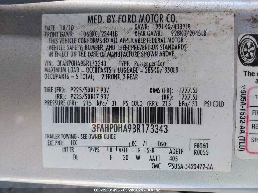 2011 Ford Fusion Se VIN: 3FAHP0HA9BR173343 Lot: 39531495