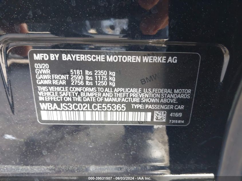 2020 BMW 540I xDrive VIN: WBAJS3C02LCE55365 Lot: 39531507