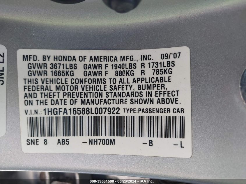 2008 Honda Civic Lx VIN: 1HGFA16588L007922 Lot: 39531508