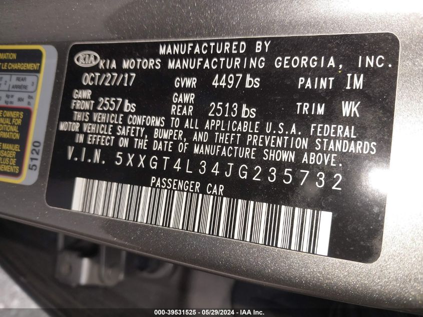 2018 Kia Optima Lx VIN: 5XXGT4L34JG235732 Lot: 39531525
