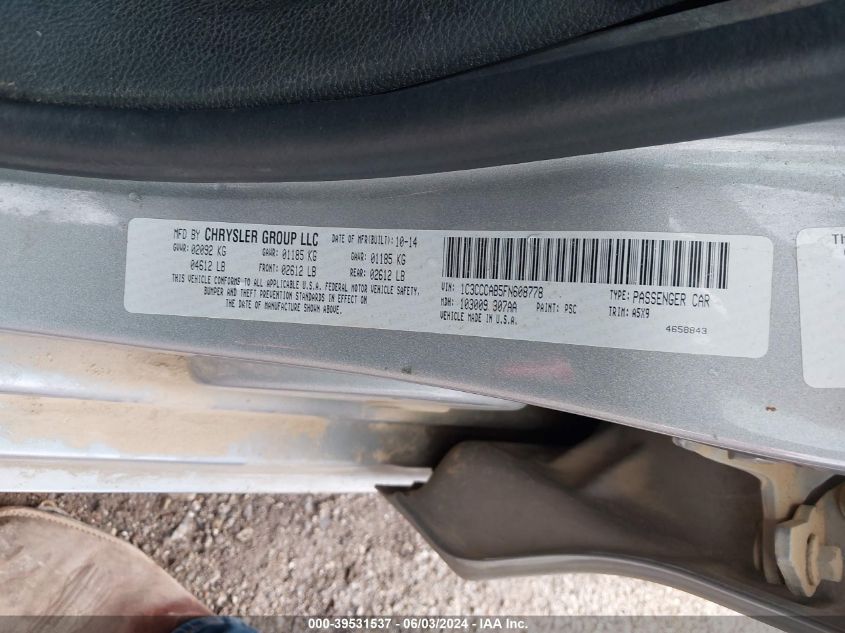 2015 Chrysler 200 Limited VIN: 1C3CCCAB5FN608778 Lot: 39531537