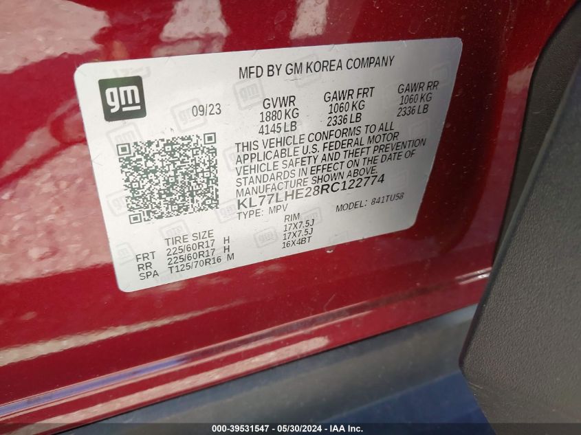 2024 Chevrolet Trax Fwd Lt VIN: KL77LHE28RC122774 Lot: 39531547