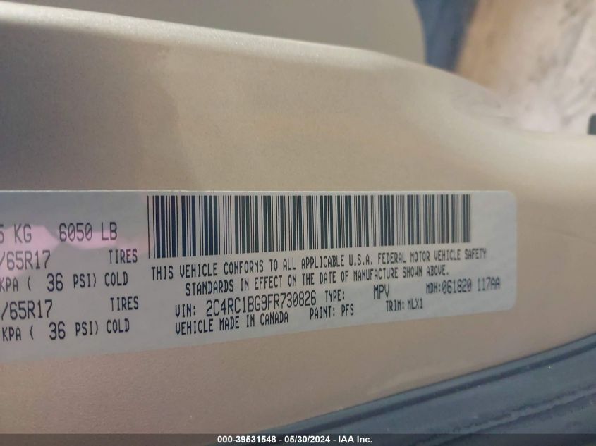 2015 Chrysler Town & Country Touring VIN: 2C4RC1BG9FR730826 Lot: 39531548