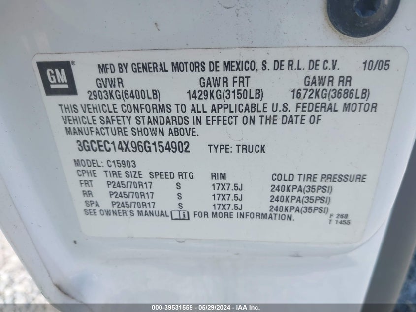 2006 Chevrolet Silverado 1500 Work Truck VIN: 3GCEC14X96G154902 Lot: 39531559