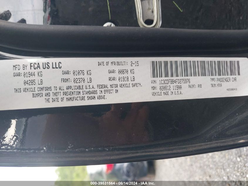 2015 Dodge Dart Sxt VIN: 1C3CDFBB4FD275976 Lot: 39531564