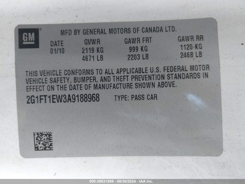 2010 Chevrolet Camaro 2Ss VIN: 2G1FT1EW3A9188968 Lot: 39531569