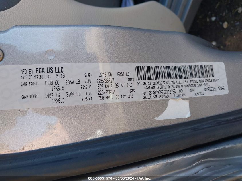 2019 Dodge Grand Caravan Sxt VIN: 2C4RDGCG7KR712785 Lot: 39531570