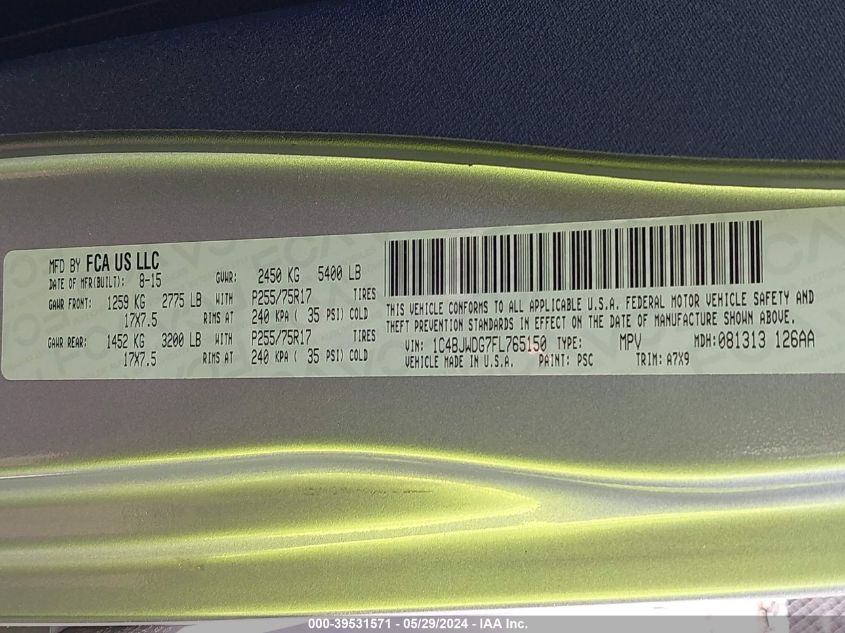 2015 Jeep Wrangler Unlimited Sport VIN: 1C4BJWDG7FL765150 Lot: 39531571