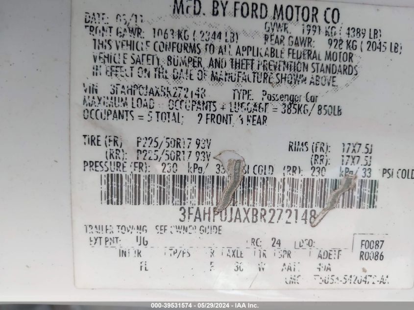 2011 Ford Fusion Sel VIN: 3FAHP0JAXBR272148 Lot: 39531574