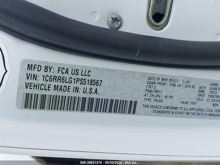 2023 Ram 1500 Classic Slt 4X2 5'7 Box VIN: 1C6RR6LG1PS518567 Lot: 39531575