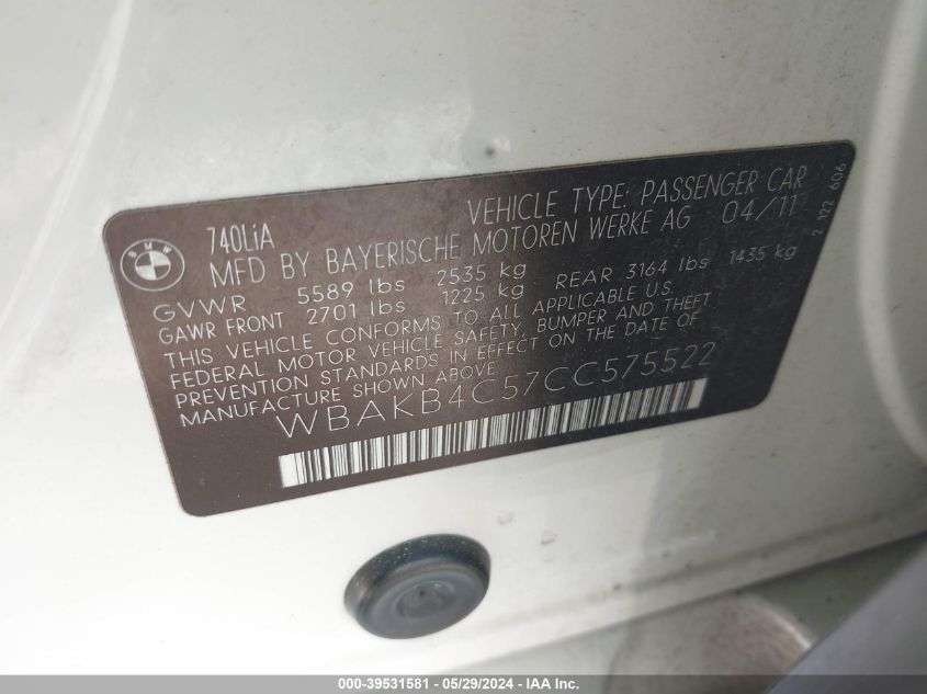 2012 BMW 740Li VIN: WBAKB4C57CC575522 Lot: 39531581
