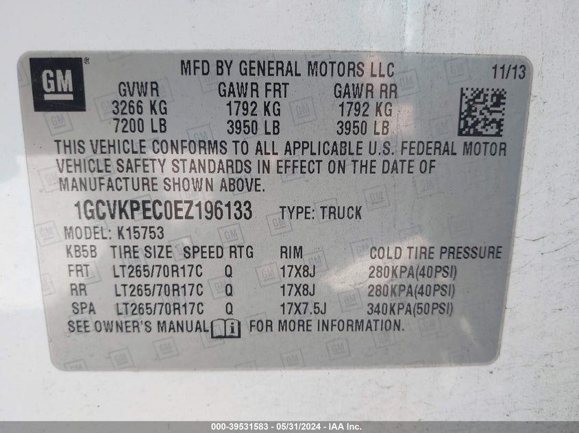2014 Chevrolet Silverado 1500 Work Truck 1Wt VIN: 1GCVKPEC0EZ196133 Lot: 39531583