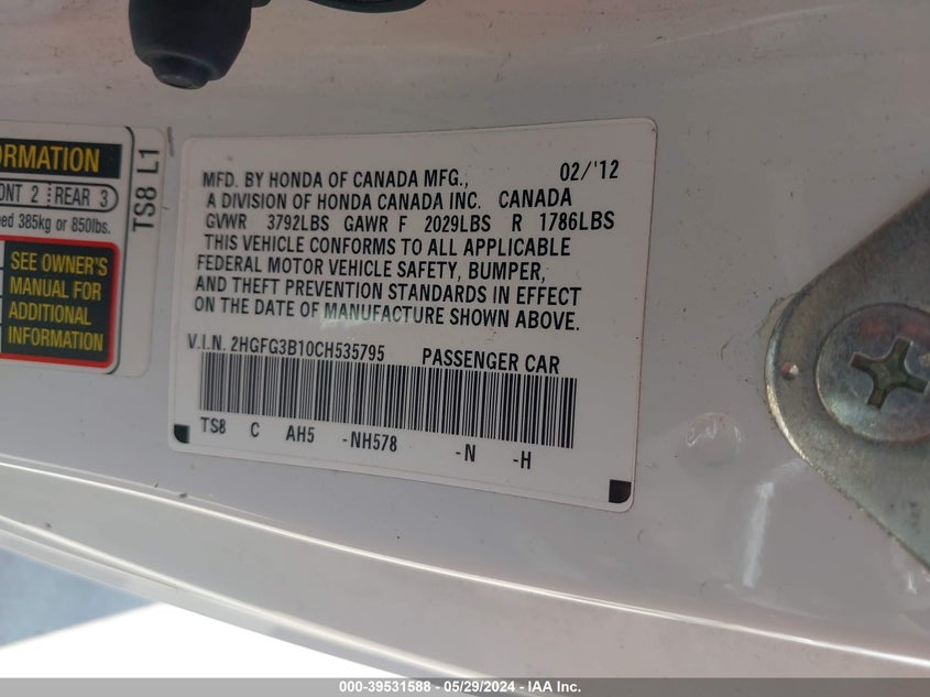 2012 Honda Civic Ex-L VIN: 2HGFG3B10CH535795 Lot: 39531588